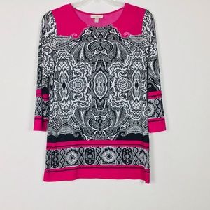 Roz & Ali Black White Fuchsia 3/4 Sleeve BohoTunic Dress